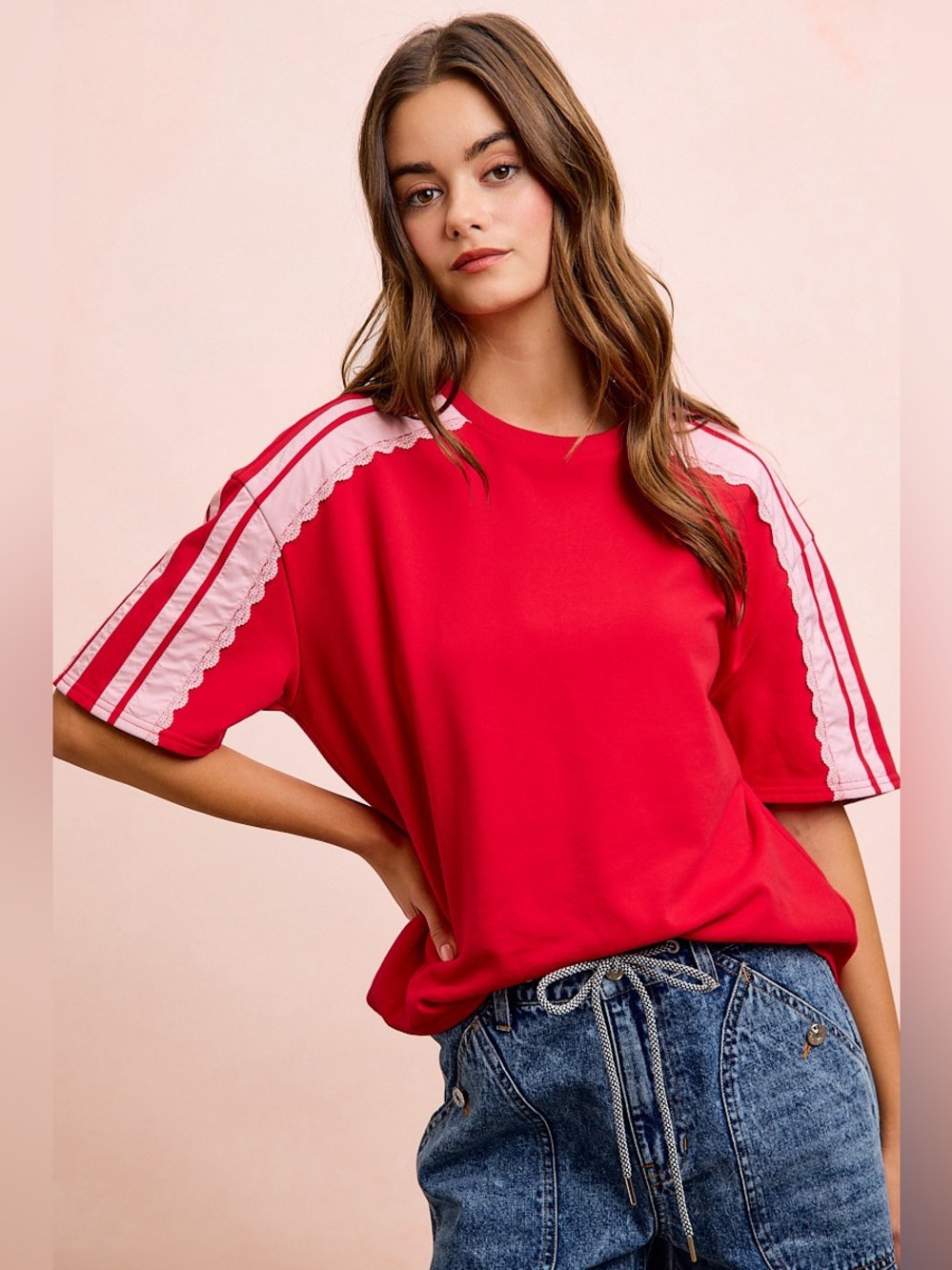 BiBi French Terry Side Lace Detail Short Sleeves Top - Picture 13 of 15